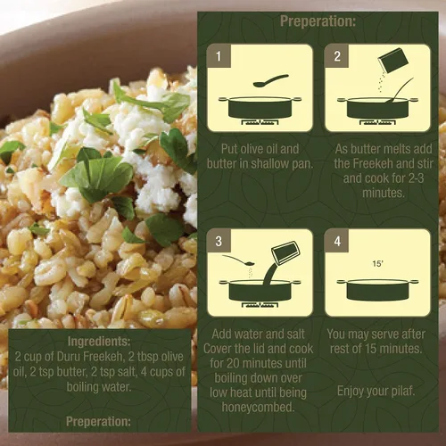 Vista 5 de Duru Trigo agrietado, Freekeh, verde tostado, 15.9 oz (450 g), 100% natural y certificado, alto en fibra y proteínas, sin OMG, ideal para recetas