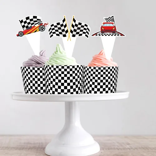 Vista 8 de 48 paquetes de toppers y envolturas de cupcakes de coche de carreras, decoración de pastel de fiesta de carreras con temática de carreras y cuadros