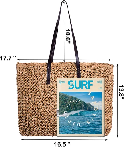 Vista 4 de VODIU Bolso de mano clásico de paja para mujer, bolso de hombro de playa bohemio