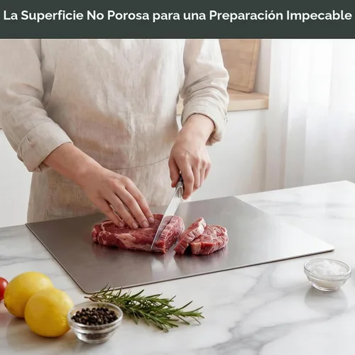 Vista 3 de Tabla de cortar de acero inoxidable para cocina, tabla de cortar de metal con mostrador de labios, apta para lavavajillas, tabla de cortar