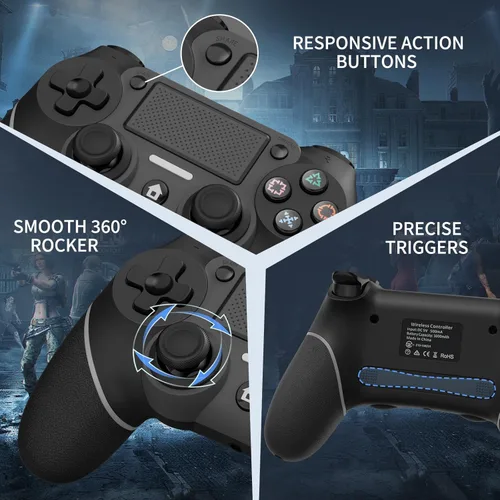 Vista 3 de Wireless Controller Compatible with PS4/Pro/Slim, Black ps4 controller with Dual Vibration, 1000mAh Battery, 6-Axis Motion Sensor, Built-in Speaker