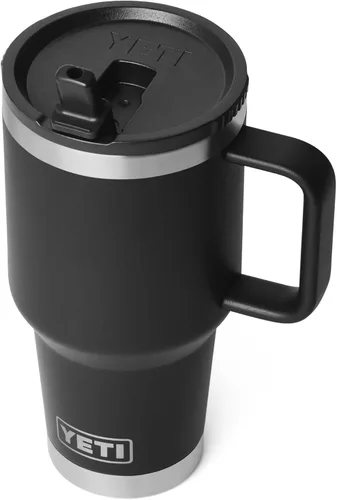 Vista 7 de YETI Rambler - Taza de viaje de 30 oz con tapa con pajita abatible - Acero inoxidable, aislada al vacío, a prueba de fugas, compatible con Negro