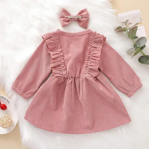 Vista 3 de Karuedoo Kids Toddler Baby Girl Corduroy Ruffle Long Sleeve Dress Princess Party Dress Fall Winter Skirt Outfit