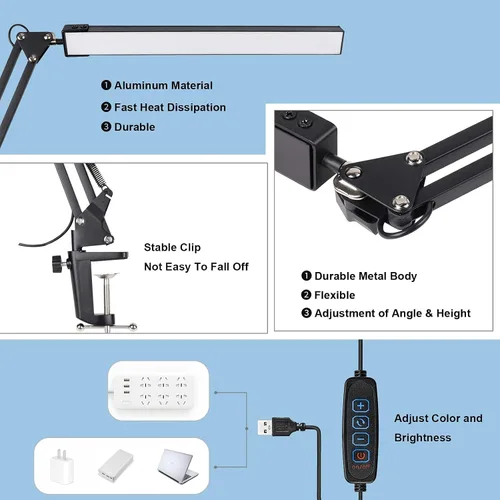 Vista 6 de Lámpara de escritorio LED para el hogar, oficina, lectura, luz de escritorio ajustable con abrazadera, lámpara de brazo oscilante incluye 3 modos