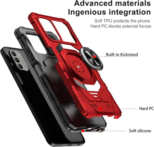 Vista 3 de Funda protectora para Nokia G310 5G con protector de pantalla de vidrio templado, grado militar, resistente a prueba de golpes, con soporte de Rojo