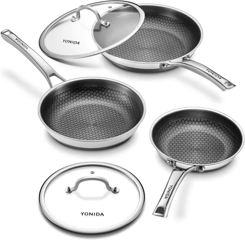 Vista 9 de Sartenes antiadherentes, sartenes híbridas para hornear de 12 pulgadas con tapa Sartén de acero inoxidable, sartén para huevos de cocina