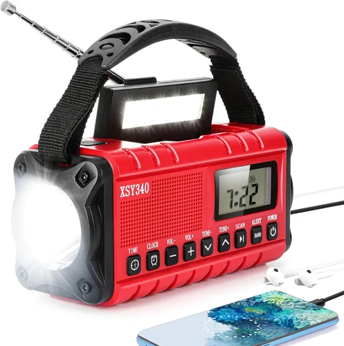 Vista 7 de Radio de emergencia NOAA de alerta meteorológica con energía solar y manivela de mano USB-C carga portátil radio AM/FM 3W, lámpara de lectura