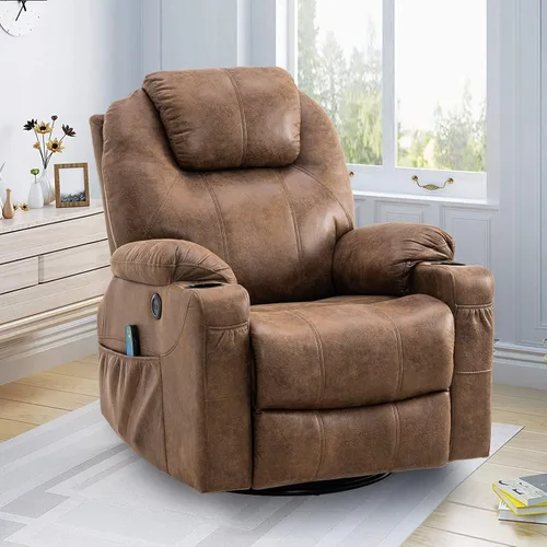 Vista 2 de Silla reclinable giratoria – Mecedora manual mecedora con masaje térmico ergonómico con 4 bolsillos, portavasos, puertos USB, control remoto (marrón)