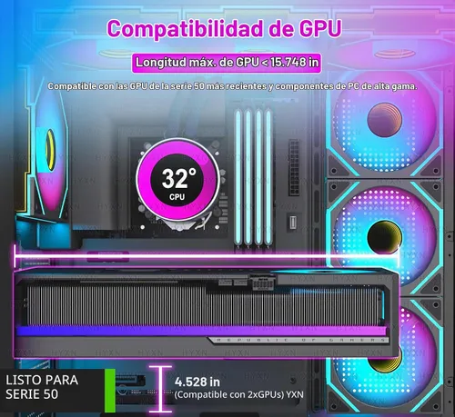 Vista 10 de H1 HYXN - Funda para PC, 7 ventiladores Infinity Mirror PWM ARGB preinstalados, carcasa de computadora ATX Mid Tower, funda de PC