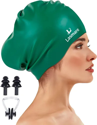 Vista 17 de Large Long Hair Swim Cap with Extra Room for Women Men, Silicone Swimming Cap for Long Thick Hair with Ear Plugs Nose Clip Set, Adult Waterproof
