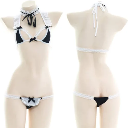Vista 4 de Yameidie Conjunto de bikini extremo para mujer con cuello y microtanga, Bikini Maid Cosplay - Cuadrado