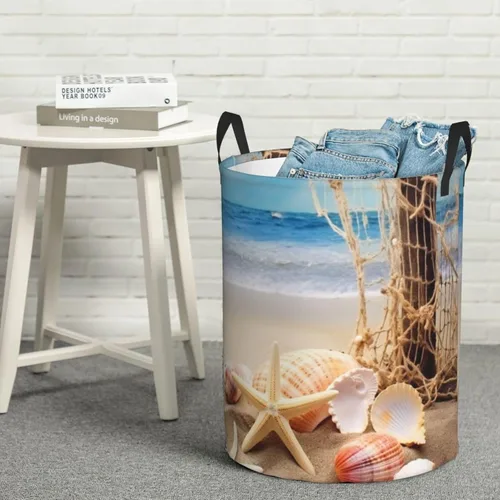 Vista 8 de Cesta circular impermeable con estampado de estrellas de mar y conchas marinas, cesta organizadora de ropa sucia con asas para ropa, juguetes