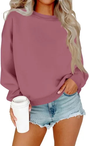 Vista 14 de Sudadera de manga larga para mujer, sudaderas de gran tamaño, ajuste holgado, color liso, tallas S-2XL
