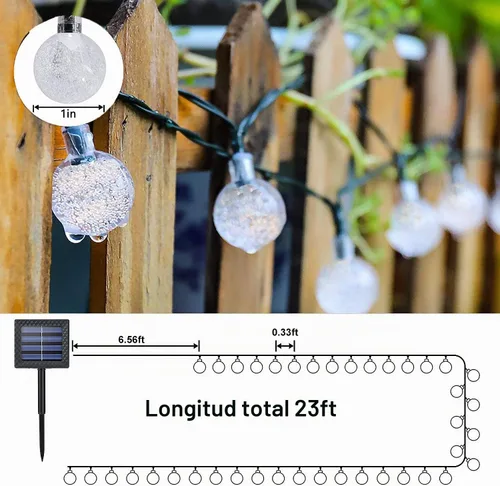 Vista 5 de Luces solares de Navidad para exteriores, impermeables, 8 modos de 23.0 ft/24 pies, 50 luces LED de bola de cristal para exteriores, luces solares