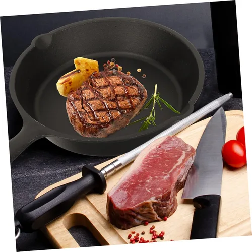 Vista 5 de Uonlytech Thickened Cast Iron Non-stick Frying Pan with Handle and Wooden Board Even Heat Distribution Steak Cooking Pan for Home Kitchen Utensil