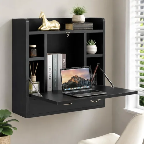 Vista 2 de Basicwise Escritorio plegable montado en la pared, escritorio plegable que ahorra espacio con estantes de almacenamiento y cajón, mesa flotante Negro