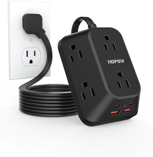 Vista 9 de Cargador de pared USB con protector contra sobretensiones, HOPOW extensor de 6 salidas con 4 puertos de carga USB (2 USB C), enchufe de pared