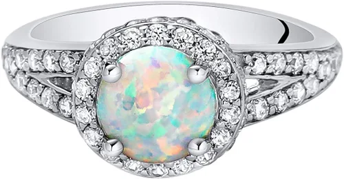 Vista 3 de Peora Anillo de ópalo de fuego blanco creado para mujer, plata de ley 925, diseño de halo vintage, forma redonda de 1.25 quilates, 0.276in, tamaños
