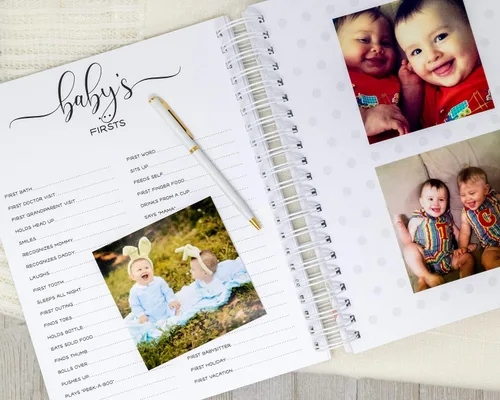 Vista 7 de Personalized Twin Baby Memory Book - Hardcover First Year Album Customized with Babies’ Names - Prompted Baby Journal (Blue Mountains)