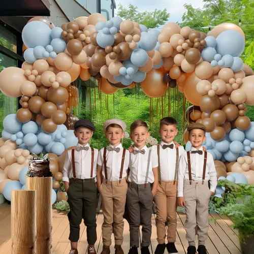 Vista 7 de ECEAE Kit de arco de globos con tema de oso color azul claro, beige, marrón claro y marrón, globos crema, guirnalda de globos para decoración