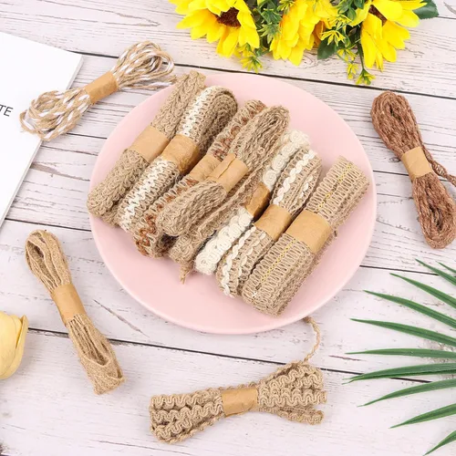 Vista 5 de KIMOBER 12 rollos de cintas de yute para manualidades, cinta de encaje de arpillera natural, 24 yardas, rústico, bohemio, vintage, surtido