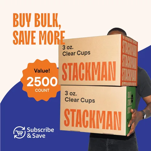 Vista 6 de Stack Man Caja de vasos desechables de plástico transparente de 2,500 – 3 onzas, paquetes de 100 unidades (25/100)