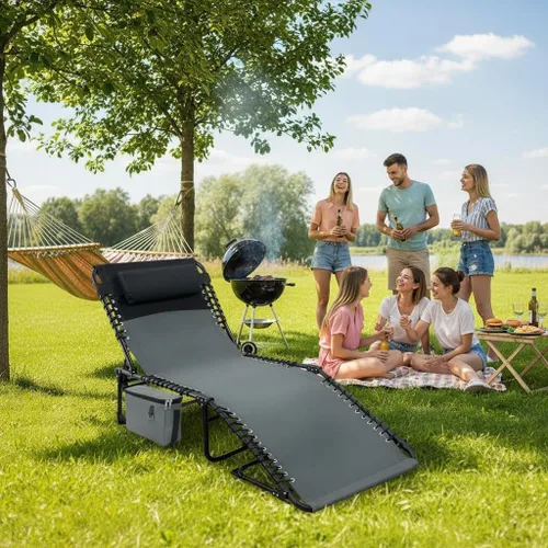 Vista 4 de Tumbona plegable para exteriores, silla de bronceado ajustable de 5 posiciones con almohada extraíble, bolsillo lateral y asa de transporte para Gris