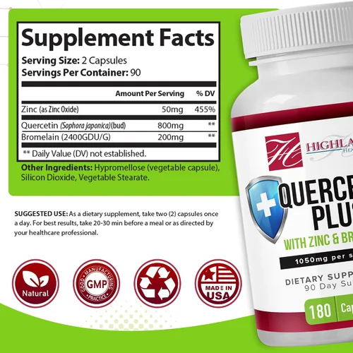 Vista 2 de Quercetina Plus Bromelina y Zinc 180 cápsulas – Suplemento de apoyo inmunológico para adultos, adolescentes y personas mayores – Quercetina