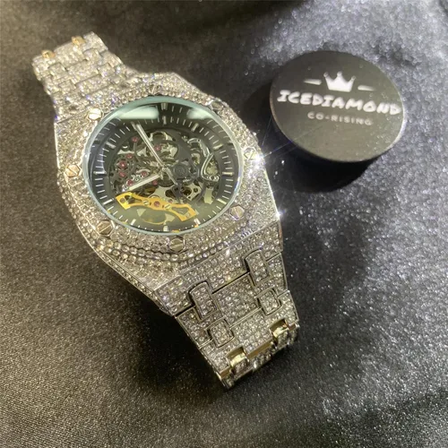 Vista 7 de ICEDIAMOND 43MM Iced Out Openwork Mechanical Automatic Wrist Watch, Full Shiny CZ Diamond Hand-Winding Skeleton Dial Luxury Watch for Men