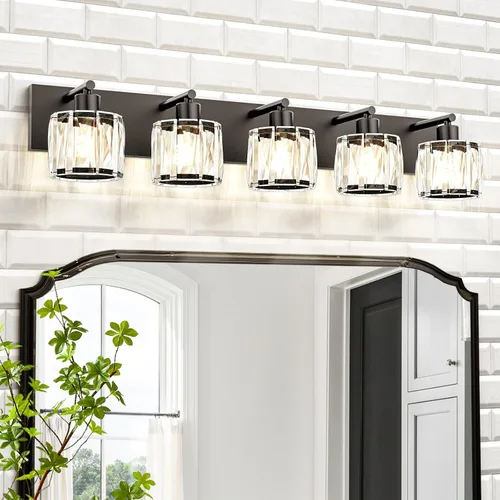 Vista 8 de VOLISUN Luces de Tocador de Cristal - 2 Luces Modernas de Acero Inoxidable para Baño Sobre Espejo, Acabado Cromado - Certificado UL