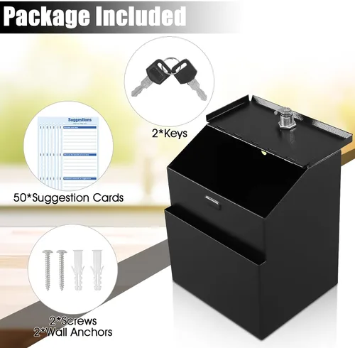 Vista 3 de KYODOLED Caja de sugerencias con candado y 50 tarjetas de sugerencia gratis, boleta de metal montada en la pared, caja de donación y colección