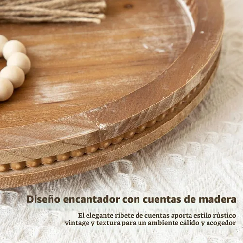 Vista 2 de Juego de 2 bandejas ovaladas de madera con diseño de cuentas, bandeja de decoración de mesa de centro de mesa para sala de estar, bandeja de mesa