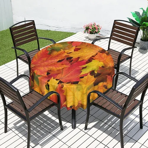 Vista 6 de Manteles redondos con temática de hojas de otoño, 48 pulgadas, tela impermeable, decorativo, reutilizable, lavable, a prueba de derrames, resistente