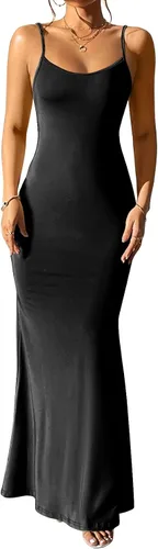 Vista 3 de Yajedo Vestido formal para mujer, sexy, casual, para descansar, con tirantes delgados, entallado, sin mangas, vestido largo sin negro