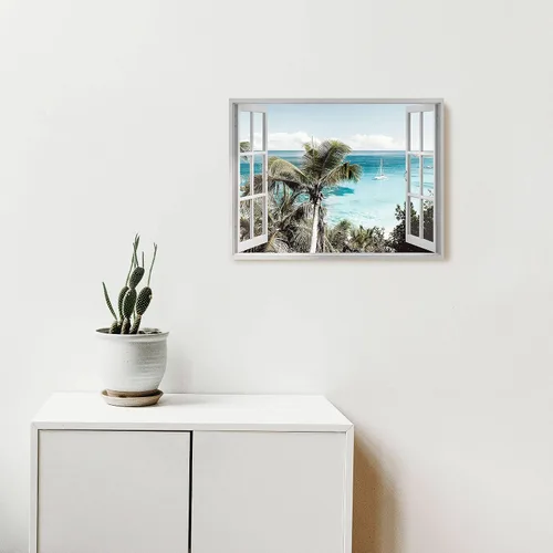 Vista 2 de Sea Whisper Lienzo decorativo para la pared de la ventana de la playa: imagen costera del océano, impresión de palmeras tropicales sobre pintura