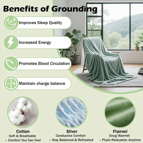 Vista 6 de Manta de conexión a tierra plateada con fibra de plata para cama, sofá, silla con cable de 15 pies (50"x60", verde)