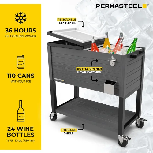 Vista 5 de Permasteel 80 Quart Party Cooler, Rolling Ice Chest with Wheels and Handles for Indoor Outdoor Patio Gris