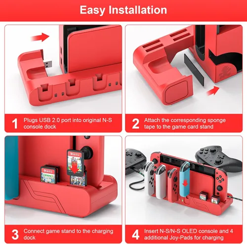 Vista 9 de Base de carga para controlador de interruptor compatible con Nintendo Switch OLED Mario Red Edition y Switch Model Joycon, estación de carga