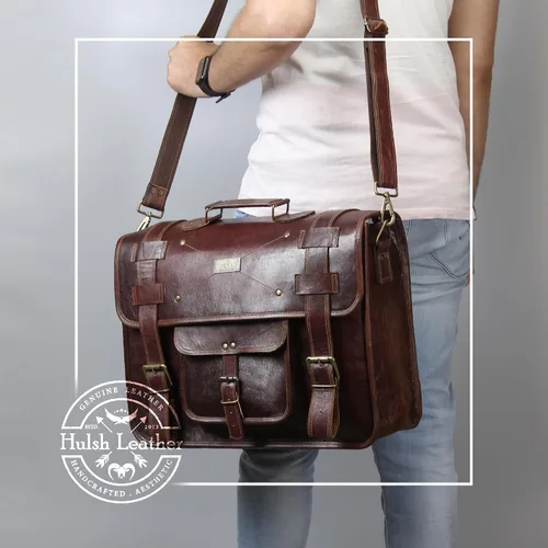 Vista 2 de Bolso de mensajero de cuero de grano completo para hombres Bolsa de cuero para computadora portátil para hombres, maletín de cuero genuino bolsa