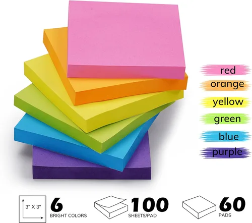 Vista 2 de Notas adhesivas a granel, 60 blocs de notas adhesivas, 3 x 3 pulgadas, 100 hojas/bloc, paquete de notas de colores brillantes surtidos, gran poder