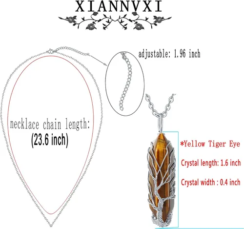 Vista 6 de XIANNVXI Collar con colgante de luna creciente envuelta en alambre con forma de árbol de la vida Collar con piedras de cristal curativo de reiki