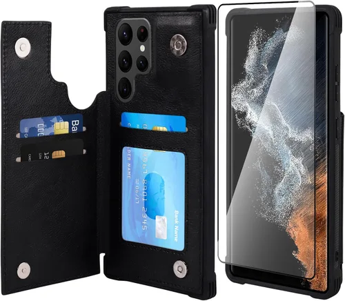 Vista 26 de VANAVAGY Funda tipo cartera compatible con Galaxy S22 con soporte para tarjetas de bloqueo RFID, piel sintética, cierre magnético, función atril
