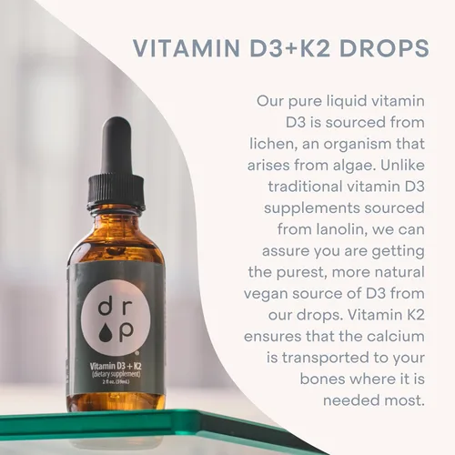 Vista 4 de Drop Vitamina D3 + K2 gotas líquidas, 1000 UI Vegan D3 de liquen, 45 mcg K2 (MK-4 y MK-7), con aceite de coco MCT orgánico, apoyo óseo e