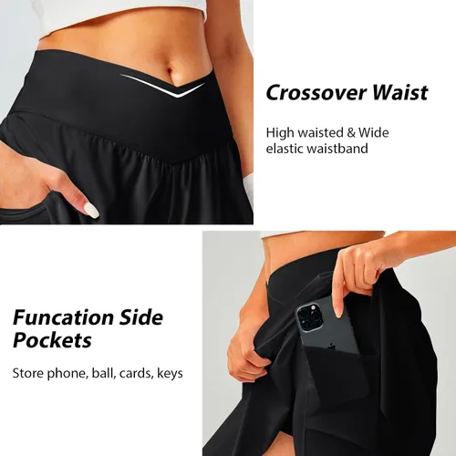 Vista 5 de Falda de tenis para mujer con bolsillos, pantalones cortos cruzados de cintura alta, faldas atléticas para golf, correr, entrenamiento