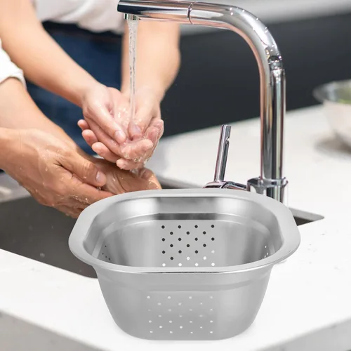 Vista 5 de VOSAREA Lavabo cuadrado de acero inoxidable, colador de metal, colador cuadrado de gran capacidad, para frutas, cocina, lavado de verduras