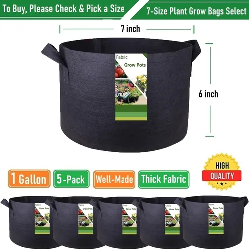 Vista 4 de Paquete de 5 bolsas gruesas de 1 galón para vivero, bolsas de cultivo de plantas (7 x 6 pulgadas), macetas de tela para macetas, bolsa de jardín