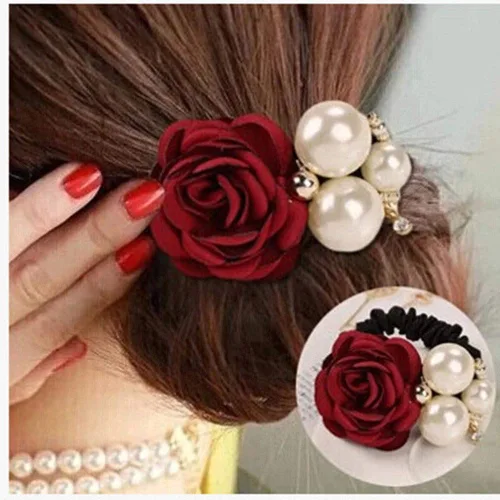Vista 6 de LOVEF 4pcs Coreano Moda Perla Cuerda De Pelo Rosa Flor Rhinestone Lazos/Joyería Banda De Caucho