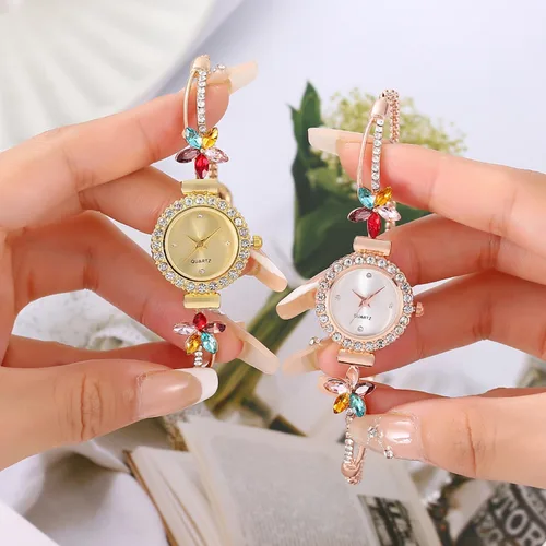 Vista 6 de ADSBIAOYE Reloj de pulsera floral simple de moda para mujer, reloj de lujo ligero de cuarzo con diamantes