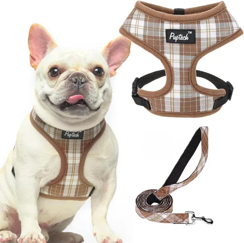 Vista 23 de PUPTECK Juego de arnés y correa de malla suave para perro, cachorro y gato, cómodo chaleco acolchado sin tirones, azul Pascua, S