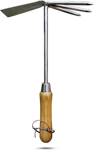 Vista 8 de Garden Guru - Herramienta cultivadora de mano ecológica, 100% acero inoxidable reciclado, resistente a la corrosión, mango ergonómico de madera